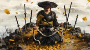 Ghost of Yotei key art showing Atsu kneeling with her revenge list, surrounded by katana stuck in the ground