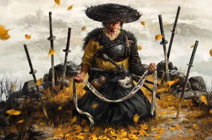 Ghost of Yotei key art showing Atsu kneeling with her revenge list, surrounded by katana stuck in the ground