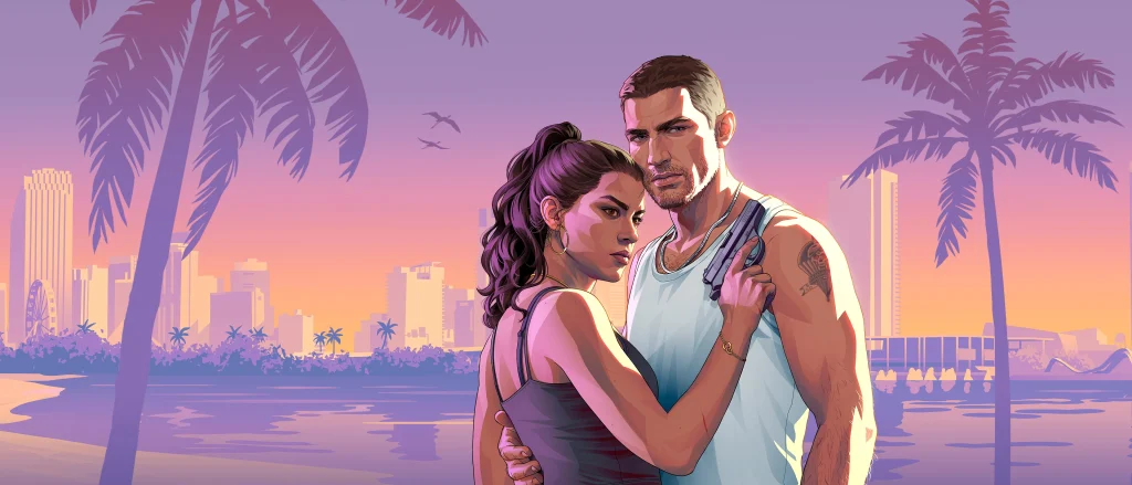 Official Grand Theft Auto VI key art showing Lucia holding a pistol beside Jason against a Vice City sunset.