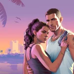 Official Grand Theft Auto VI key art showing Lucia holding a pistol beside Jason against a Vice City sunset.