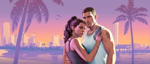 Official Grand Theft Auto VI key art showing Lucia holding a pistol beside Jason against a Vice City sunset.