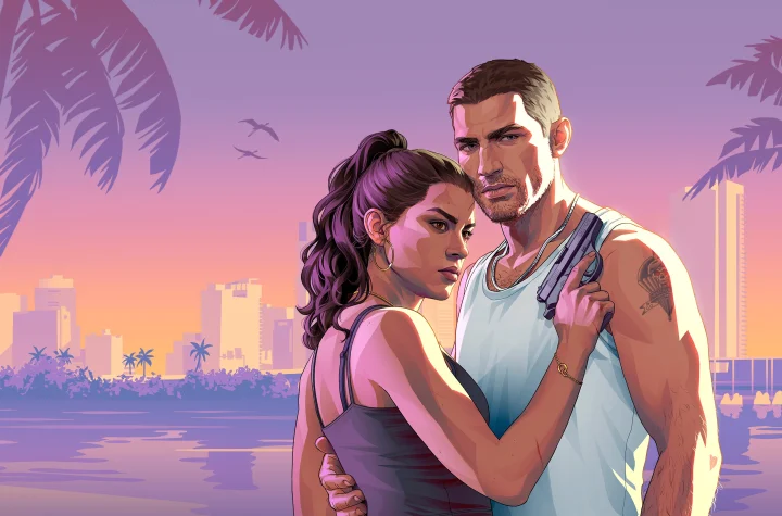 Official Grand Theft Auto VI key art showing Lucia holding a pistol beside Jason against a Vice City sunset.