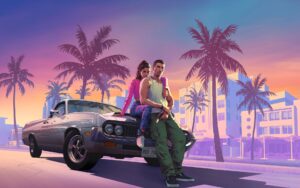 Grand Theft Auto VI key art showing Jason and Lucia sitting on a car in Vice City at sunset