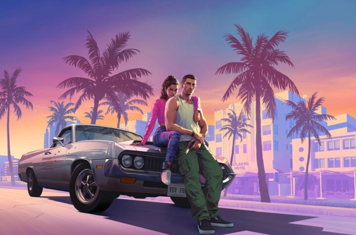 Grand Theft Auto VI key art showing Jason and Lucia sitting on a car in Vice City at sunset