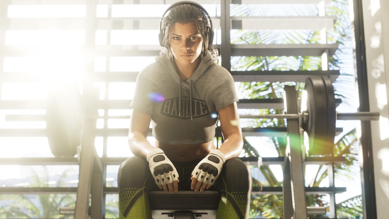 Lucia Caminos from Grand Theft Auto VI sitting on a gym bench wearing headphones