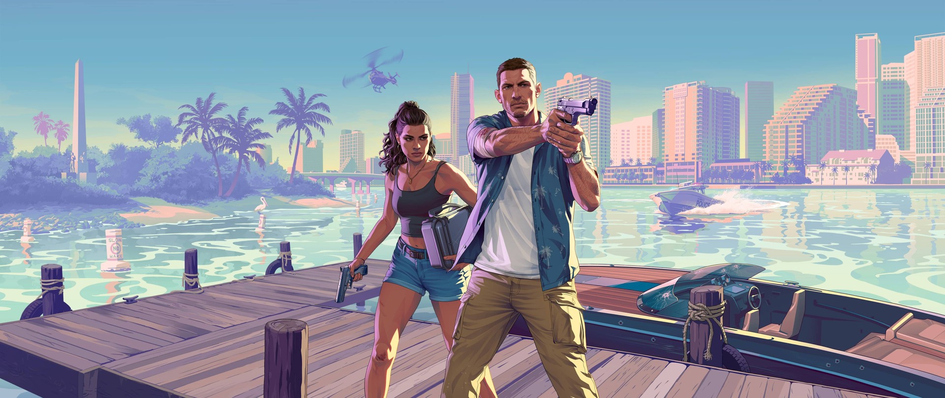 Grand Theft Auto VI artwork showing Jason and Lucia on a dock with the Vice City skyline across the water