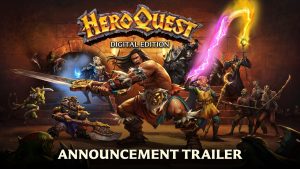 HeroQuest Digital Edition key art showing the Barbarian, Dwarf, Elf and Wizard facing Zargon's monsters