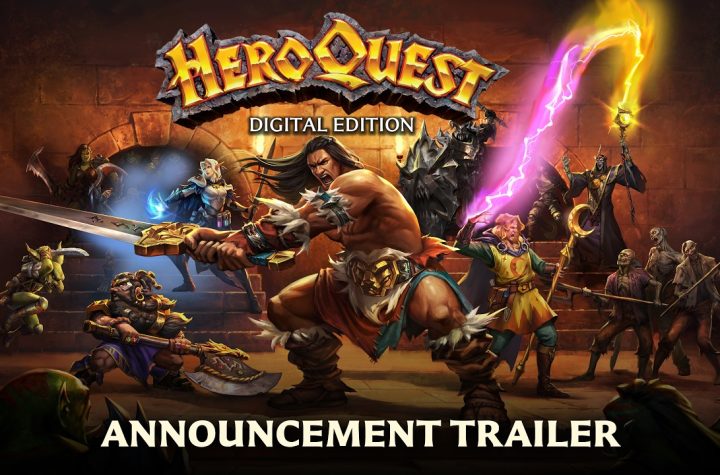 HeroQuest Digital Edition key art showing the Barbarian, Dwarf, Elf and Wizard facing Zargon's monsters