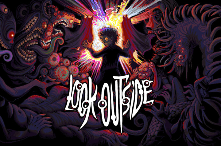 Look Outside key art — Sam pulls back a curtain of blinding light surrounded by grotesque cosmic horrors, with the Look Outside logo
