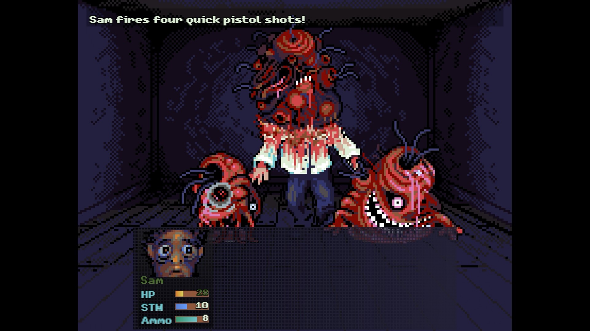 Look Outside gameplay — Sam fires pistol shots at a grotesque mutated neighbor in turn-based combat
