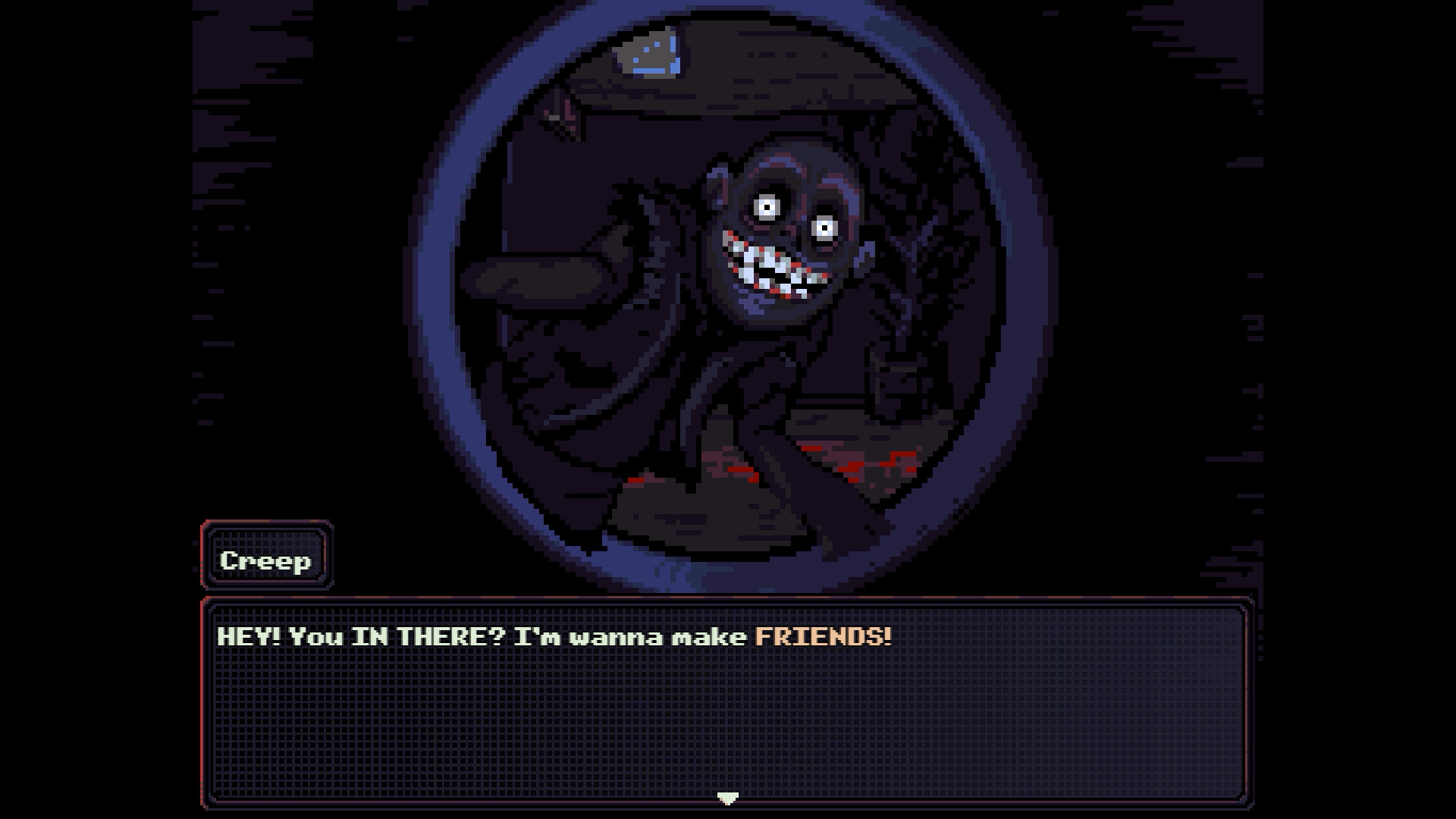 Look Outside gameplay — a grinning creature peers through Sam's door peephole asking to make friends