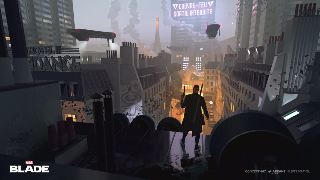 Marvel's Blade official concept art — Blade stalking the streets of a burning Paris