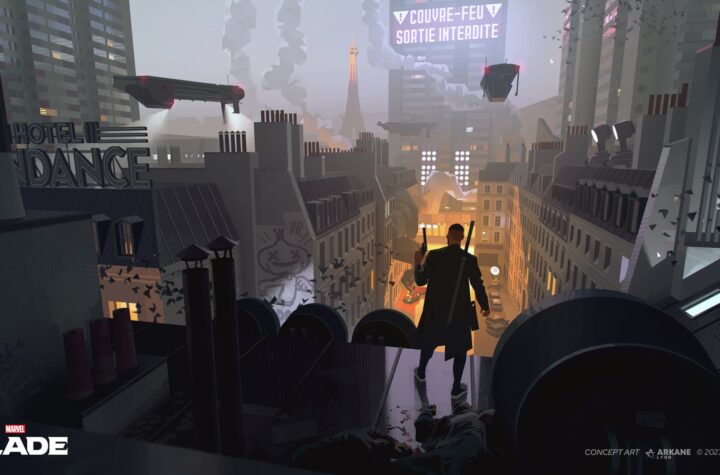 Marvel's Blade official concept art — Blade stalking the streets of a burning Paris