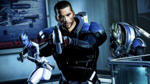 Mass Effect key art — Commander Shepard aiming a pistol with Liara T'Soni and Garrus Vakarian