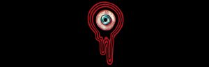 Mouthwashing key art — a bloodshot eye surrounded by melting red outlines on a black background