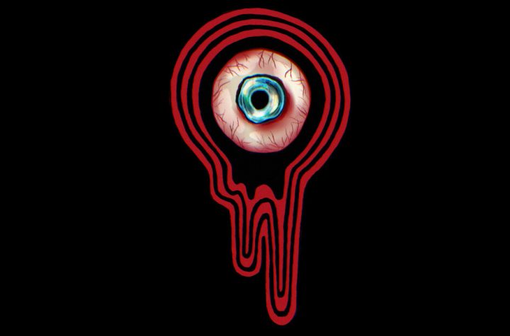 Mouthwashing key art — a bloodshot eye surrounded by melting red outlines on a black background