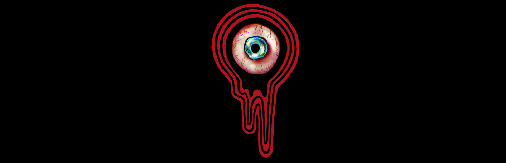 Mouthwashing key art — a bloodshot eye surrounded by melting red outlines on a black background