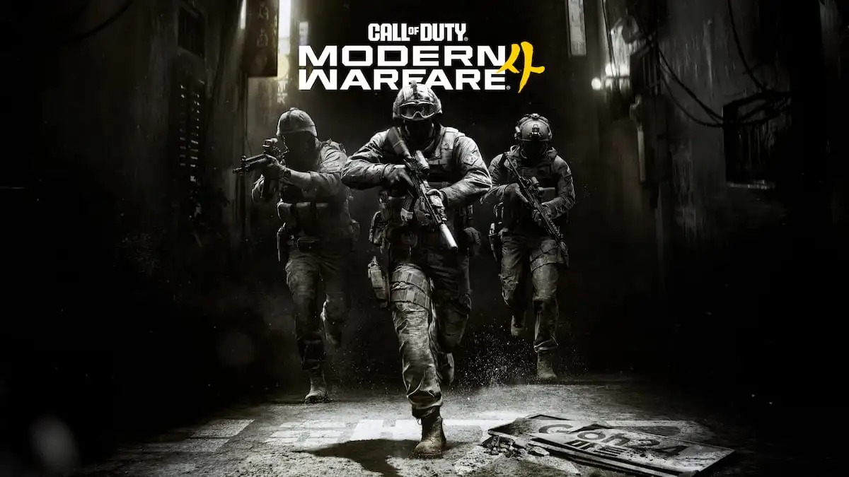 Call of Duty: Modern Warfare 4 key art — Task Force 141 operators advance through a dark alley beneath the Modern Warfare 4 logo