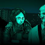 No, I'm Not a Human key art — four unsettling visitor faces rendered in night-vision green