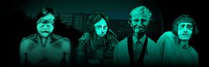No, I'm Not a Human key art — four unsettling visitor faces rendered in night-vision green