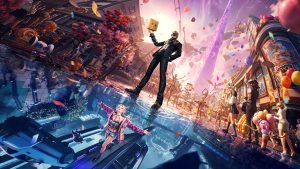 Ordinary Oddness key art — the masked Consulting Investigator holding a paper bag amid the Mythoid Day parade in the floating city of Elysian Skies
