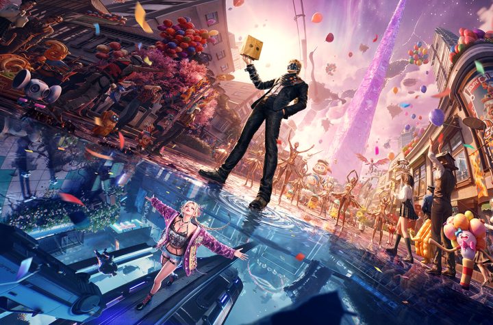 Ordinary Oddness key art — the masked Consulting Investigator holding a paper bag amid the Mythoid Day parade in the floating city of Elysian Skies