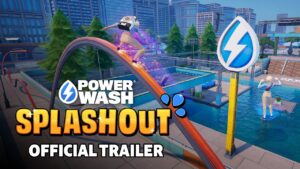 PowerWash SPLASHOUT Fortnite island key art with a washer sliding down a rainbow rail