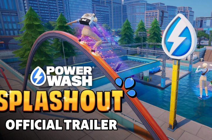 PowerWash SPLASHOUT Fortnite island key art with a washer sliding down a rainbow rail