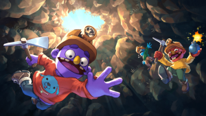 Pratfall key art — puppet-like miners with pickaxes and helmets tumbling through a rocky cave