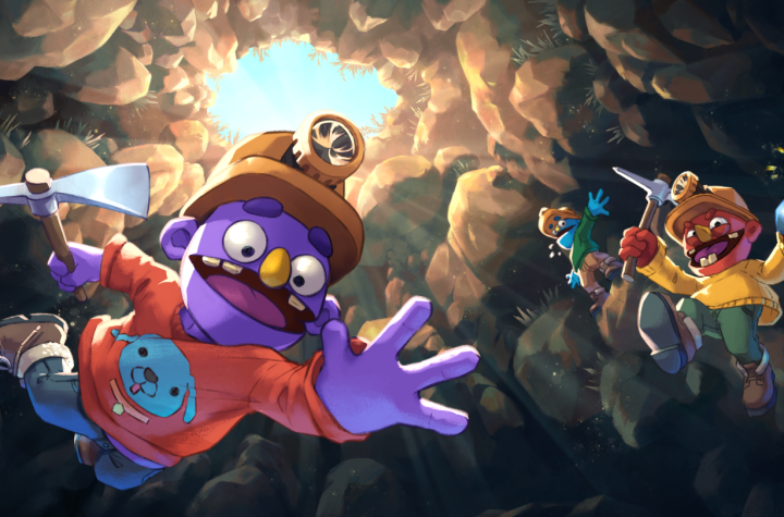 Pratfall key art — puppet-like miners with pickaxes and helmets tumbling through a rocky cave
