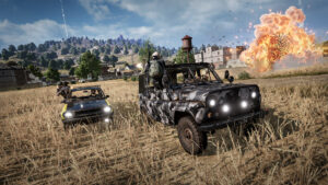PUBG: Battlegrounds gameplay — a squad in a UAZ chasing another car across Erangel as an explosion erupts