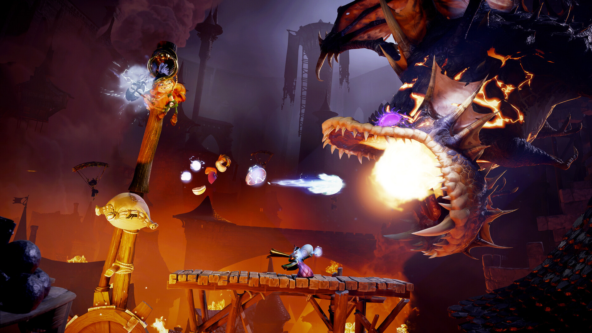Rayman Legends Retold dragon boss breathing fire during a boss battle
