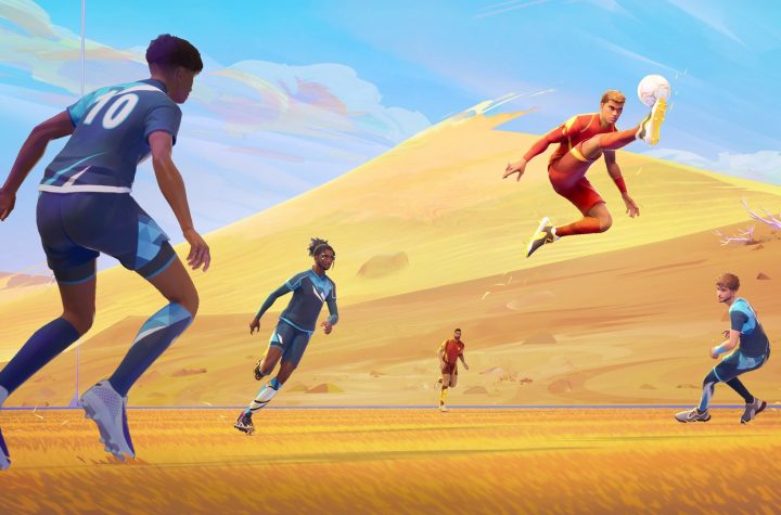 Rematch Season 6 official key art — players battling for the ball on a desert pitch