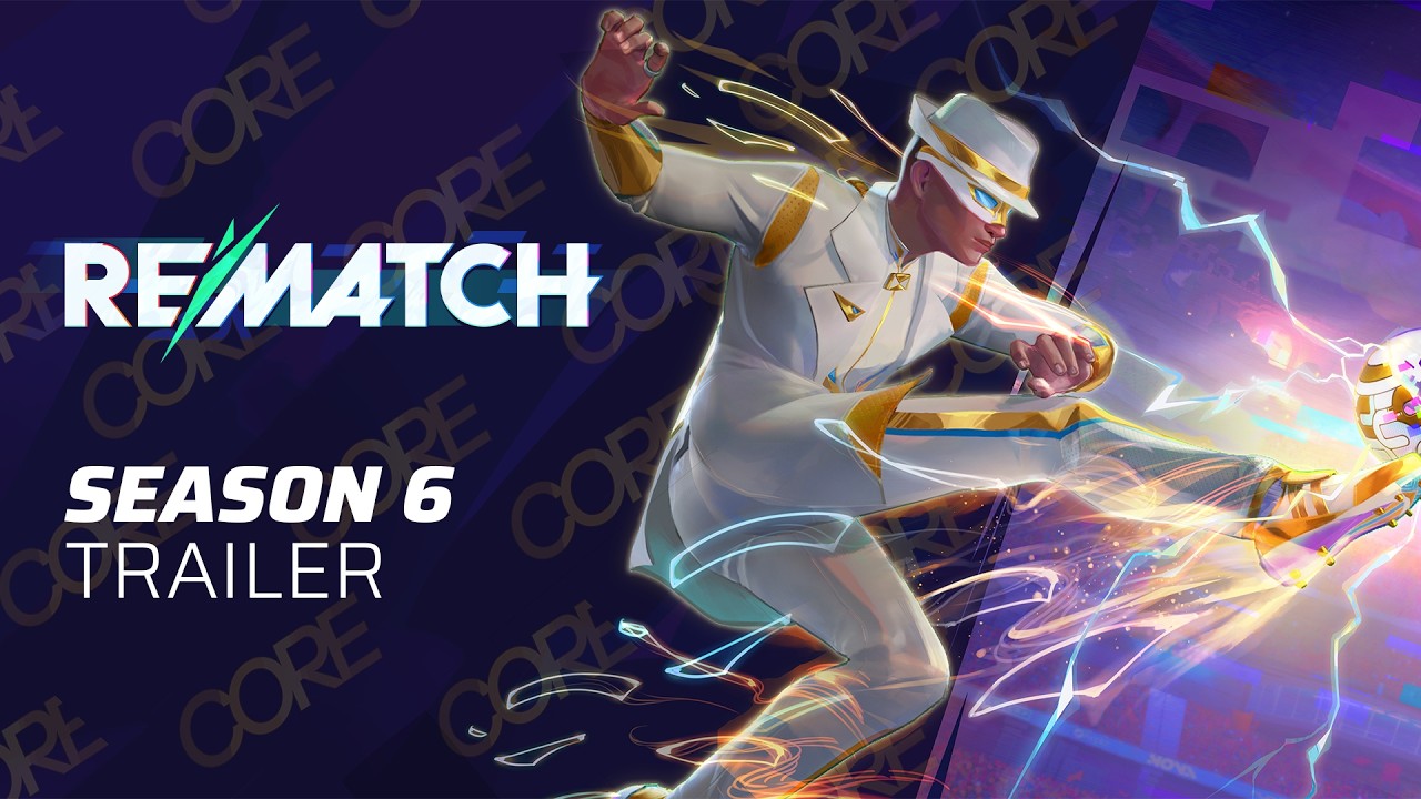 Rematch Season 6 trailer art — a Vanguard player striking the ball