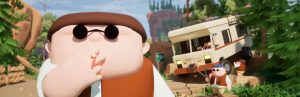 RV There Yet? key art — a chainsmoking dad character beside the RV with its winch cable in Mabutts Valley