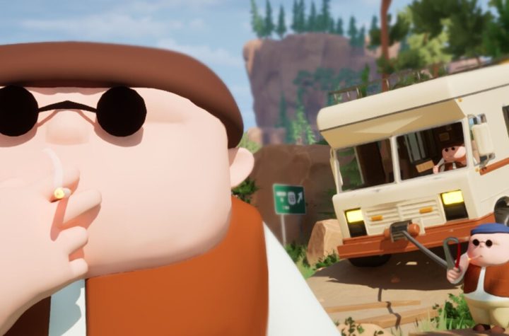 RV There Yet? key art — a chainsmoking dad character beside the RV with its winch cable in Mabutts Valley