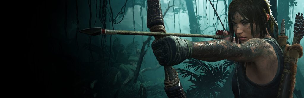 Shadow of the Tomb Raider official key art — Lara Croft drawing her bow in the jungle