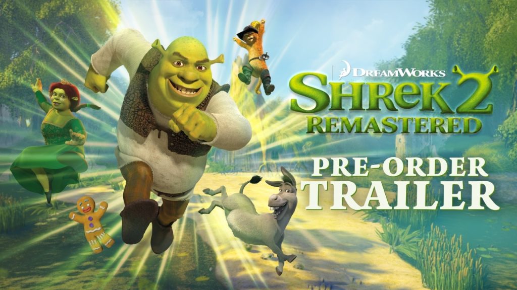 Shrek 2 Remastered key art — Shrek, Fiona, Donkey, Puss in Boots and Gingy charging through the forest