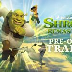 Shrek 2 Remastered key art — Shrek, Fiona, Donkey, Puss in Boots and Gingy charging through the forest