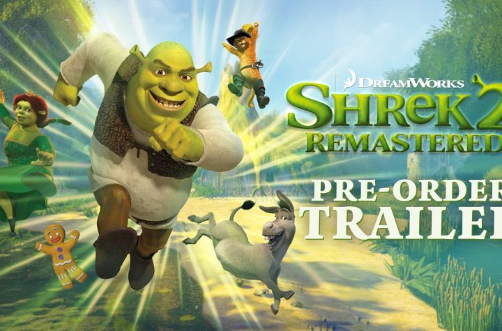 Shrek 2 Remastered key art — Shrek, Fiona, Donkey, Puss in Boots and Gingy charging through the forest