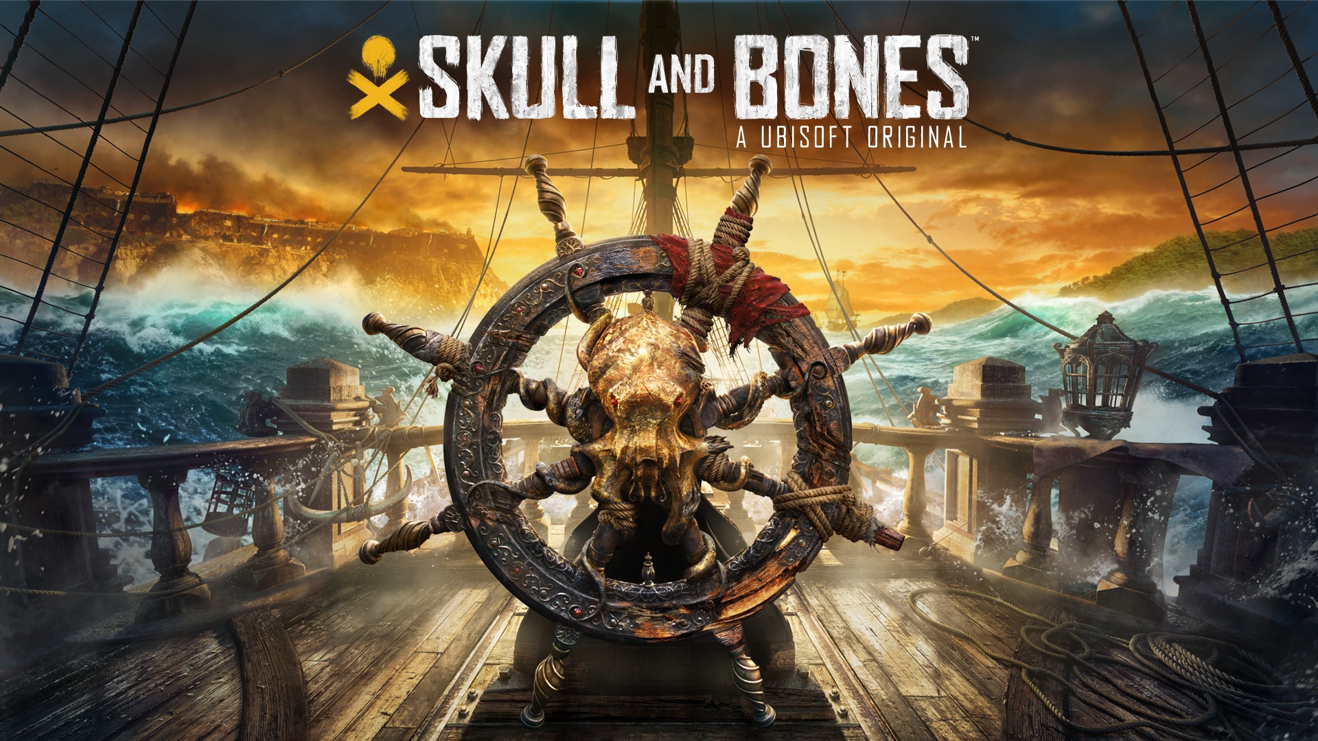 Skull and Bones official key art showing a pirate ship's wheel with a skull at its center