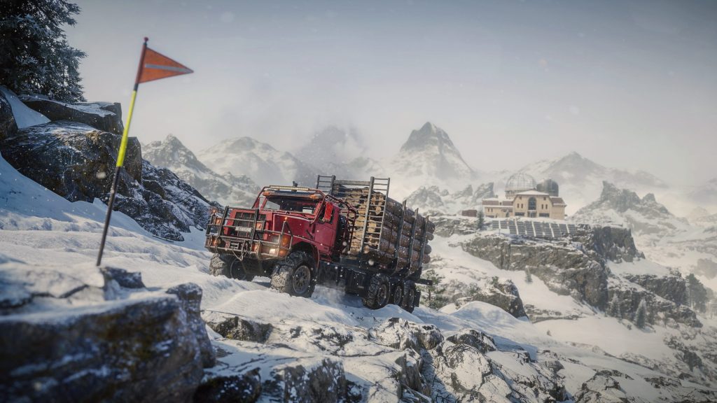 SnowRunner Season 19 Research and Restore key art showing a red logging truck crossing the snowy Swiss Alps with the space observatory in the distance