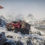 SnowRunner Season 19 Research and Restore key art showing a red logging truck crossing the snowy Swiss Alps with the space observatory in the distance