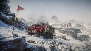 SnowRunner Season 19 Research and Restore key art showing a red logging truck crossing the snowy Swiss Alps with the space observatory in the distance