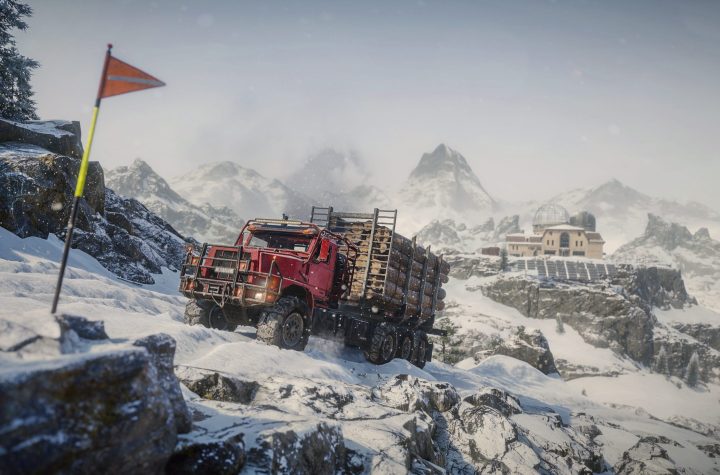 SnowRunner Season 19 Research and Restore key art showing a red logging truck crossing the snowy Swiss Alps with the space observatory in the distance