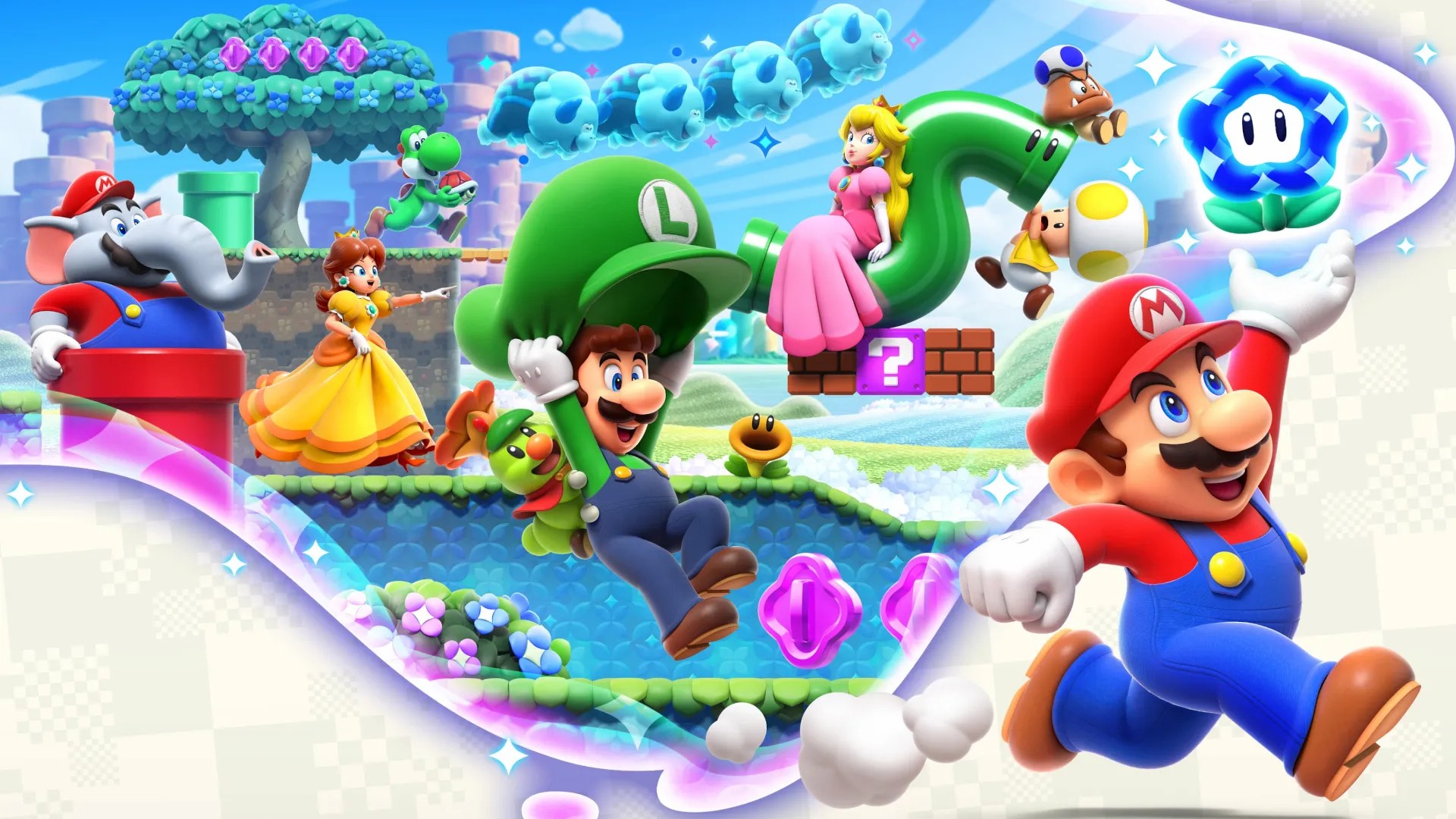Super Mario Bros. Wonder key art showing Mario, Luigi, Peach, Daisy and Yoshi