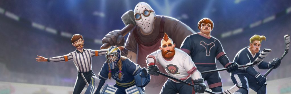 Tape to Tape official key art showing its cartoon hockey players, goalie, referee and masked enforcer