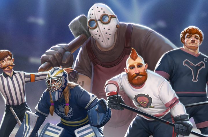 Tape to Tape official key art showing its cartoon hockey players, goalie, referee and masked enforcer