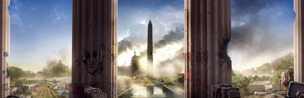 The Division 2 key art showing three agents overlooking the US Capitol and the National Mall in Washington, D.C.