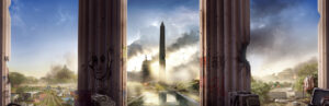 The Division 2 key art showing three agents overlooking the US Capitol and the National Mall in Washington, D.C.